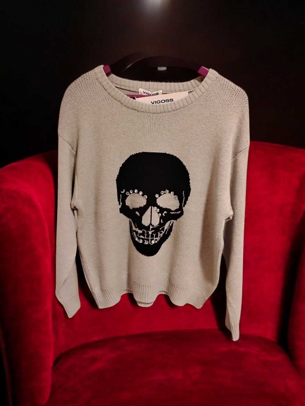 Vigoss Pale grey Sweater with Studded Skull Graphic Design.